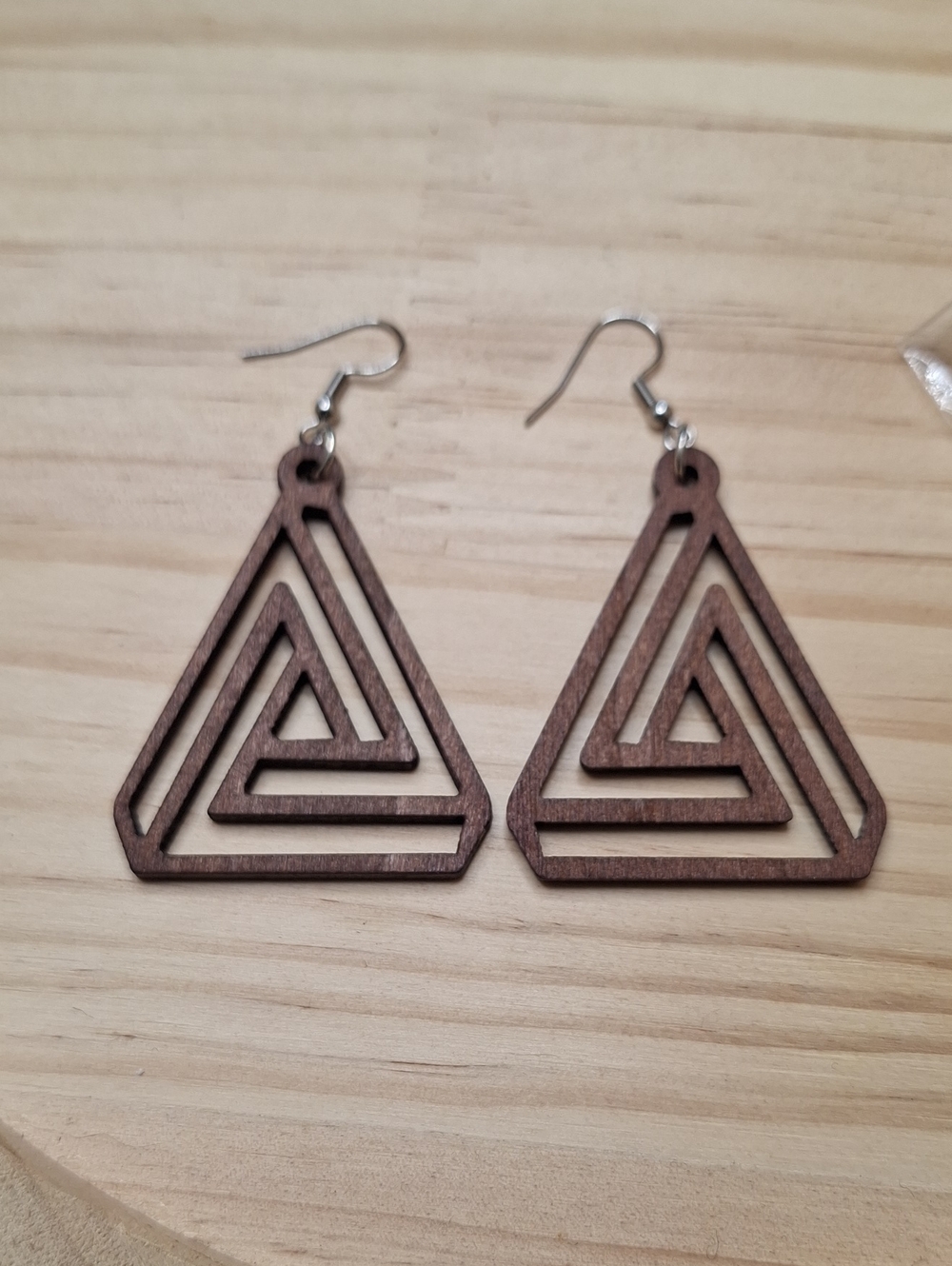 Wooden Geometric Triangle Dangle Earrings - Brown